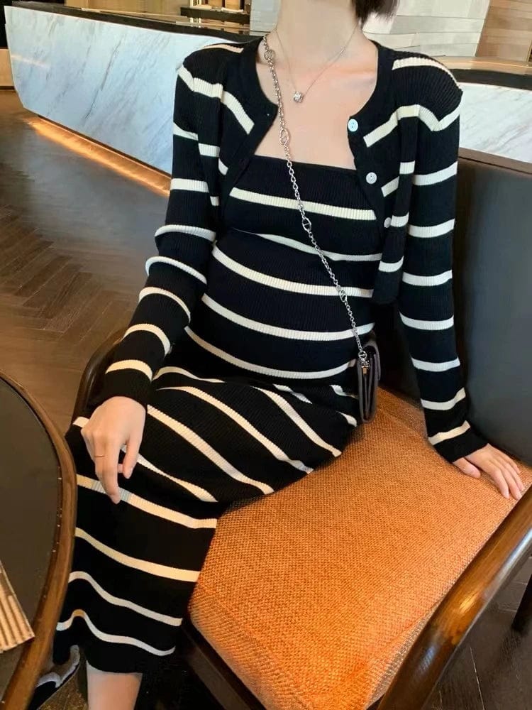 This Maternity Striped Knitted Dress with Cardigan is a versatile two piece set, perfect for expecting mothers. The dress features a stylish striped pattern and the cardigan provides added warmth and coverage. Stay comfortable and fashionable throughout your pregnancy with this must-have ensemble.