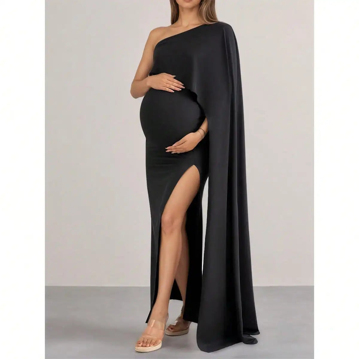 Maternity Black, One Shoulder Maxi Dress with High Slit