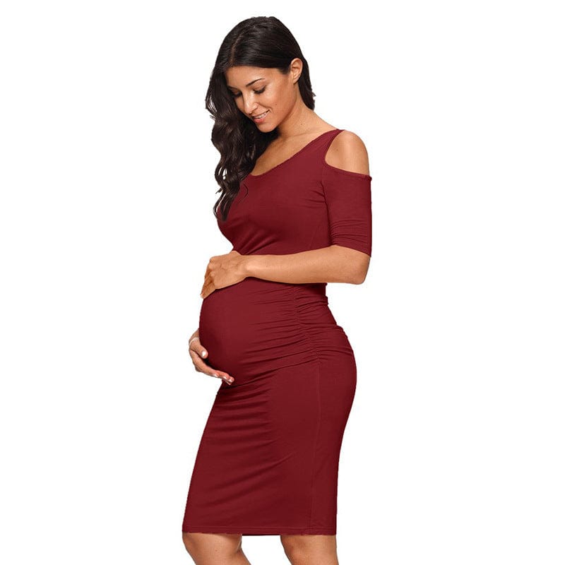 Silky Cold Shoulder Maternity Dress - Stylish Comfort for Pregnant Women