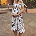 Load image into Gallery viewer, Palka Dot Print Off the Shoulder Dress - Beautiful and Comfortable for Expecting Moms
