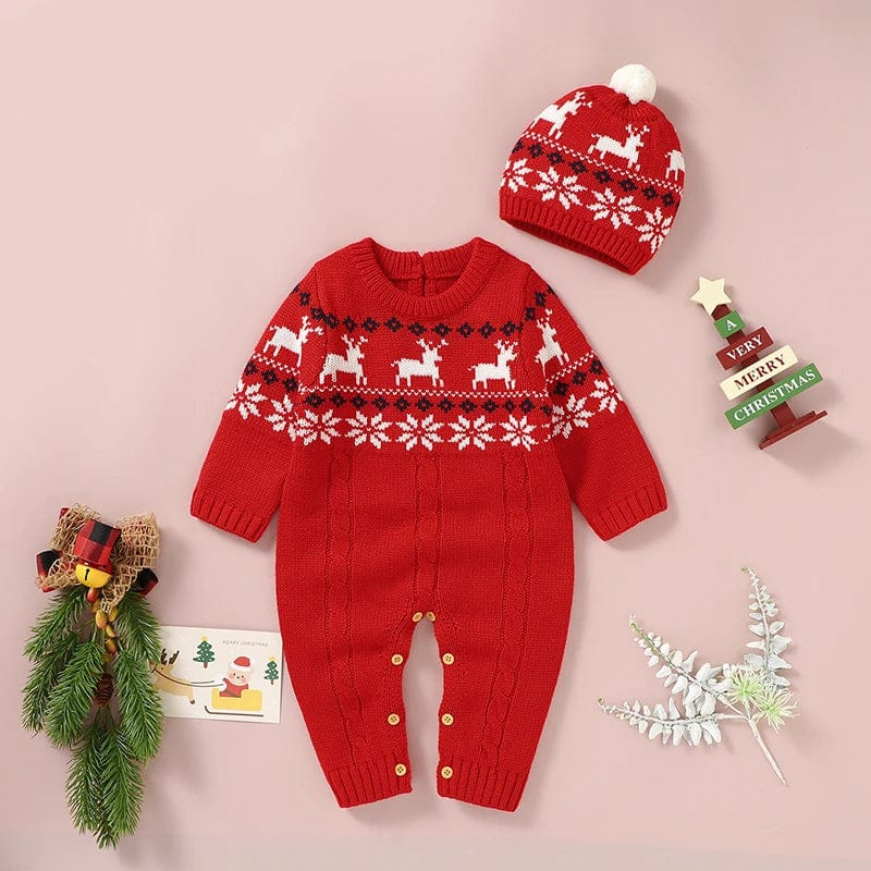 Knitted Christmas Baby Rompers - Long Sleeve w/ Hat