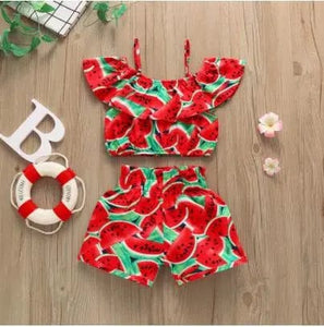 Baby Girl Romper with Watermelon, Sunflower Print with Ruffle Drop Shoulder Strap - 2-Piece Summer Set