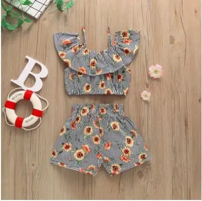 Baby Girl Romper with Watermelon, Sunflower Print with Ruffle Drop Shoulder Strap - 2-Piece Summer Set