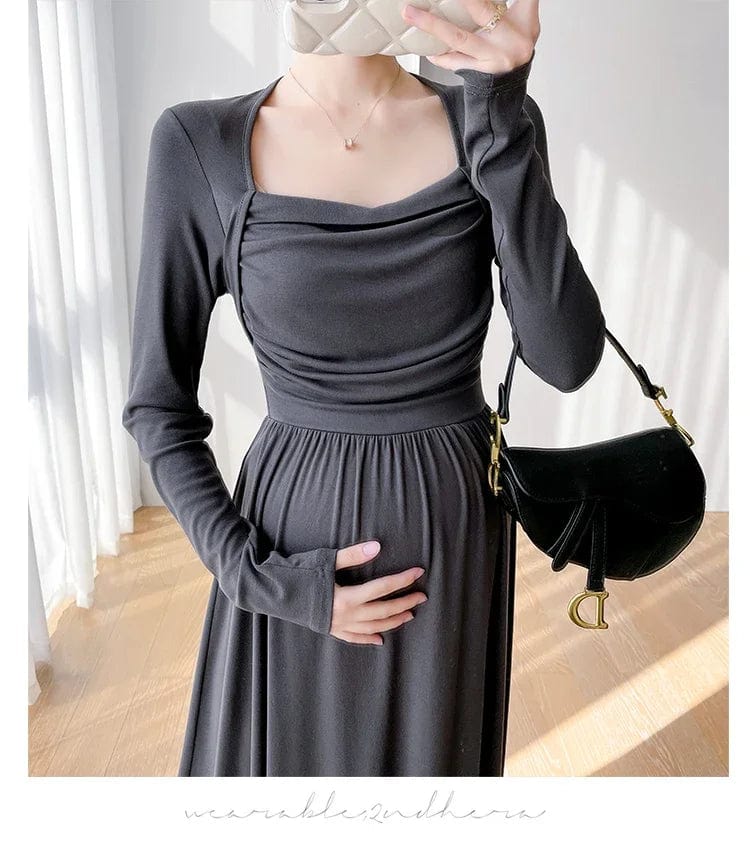 Maternity Evening Dress with High Waist and Square Collar - Great for Your Christmas Party Beige / XXL Maternity Evening Dress with High Waist and Square Collar - Great for Your Christmas Party Beige / XXL