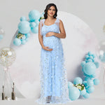 Load image into Gallery viewer, Maternity Dress with Tulle and Cap Sleeves - Beautiful Evening Gown with Small Floral Embroidered Mesh

