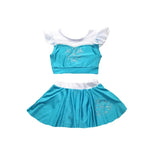 Load image into Gallery viewer, Turquoise dress with white ruffled collar and hem on a white background
