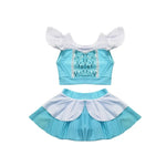 Load image into Gallery viewer, Two-piece blue outfit with ruffled top and skirt on a white background
