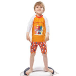 Load image into Gallery viewer, Child wearing a colorful outfit with a surfboard design on a white background
