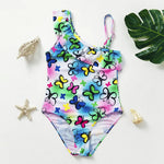 Load image into Gallery viewer, Colorful butterfly-patterned swimsuit on a white background with decorative elements.

