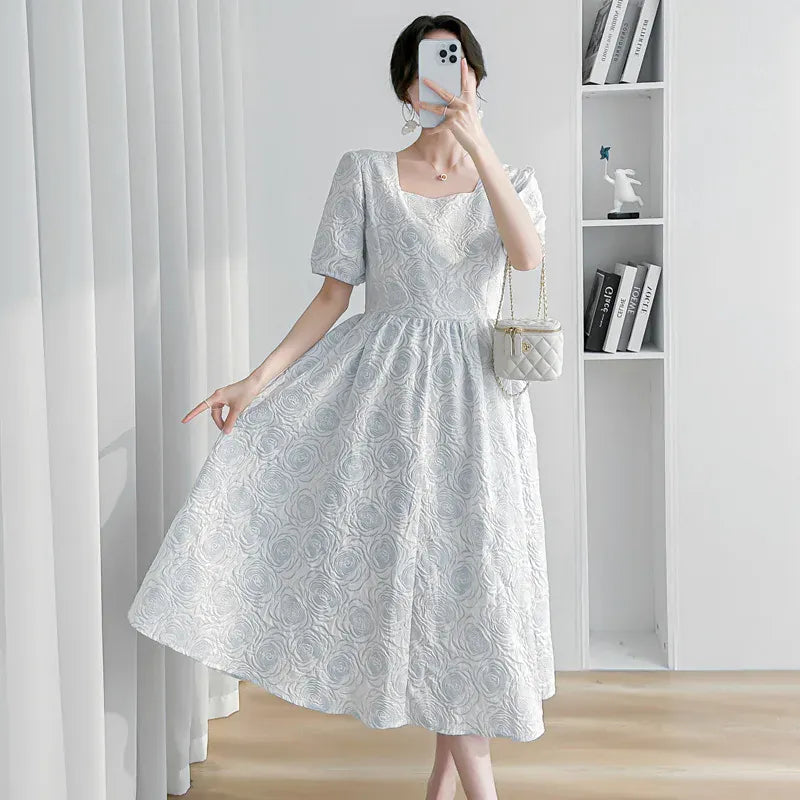 Summer Maternity Dress Short Sleeve and Square Collar Blue / M