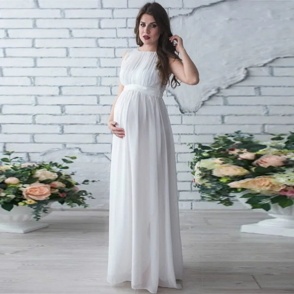 Sleeveless Maternity Party Dress with Round Neck and Belted Waist