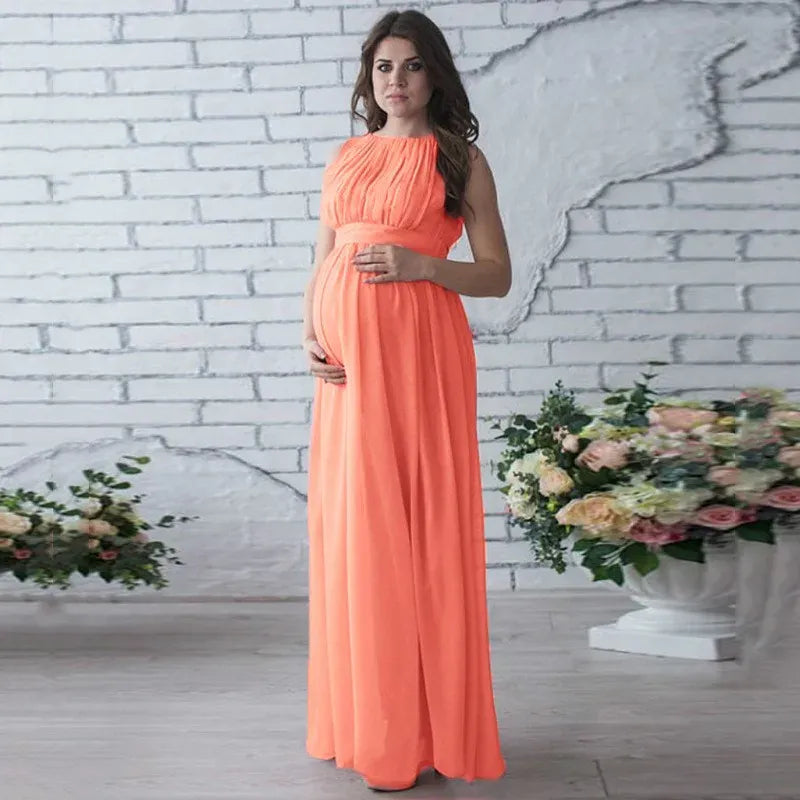 Sleeveless Maternity Party Dress with Round Neck and Belted Waist