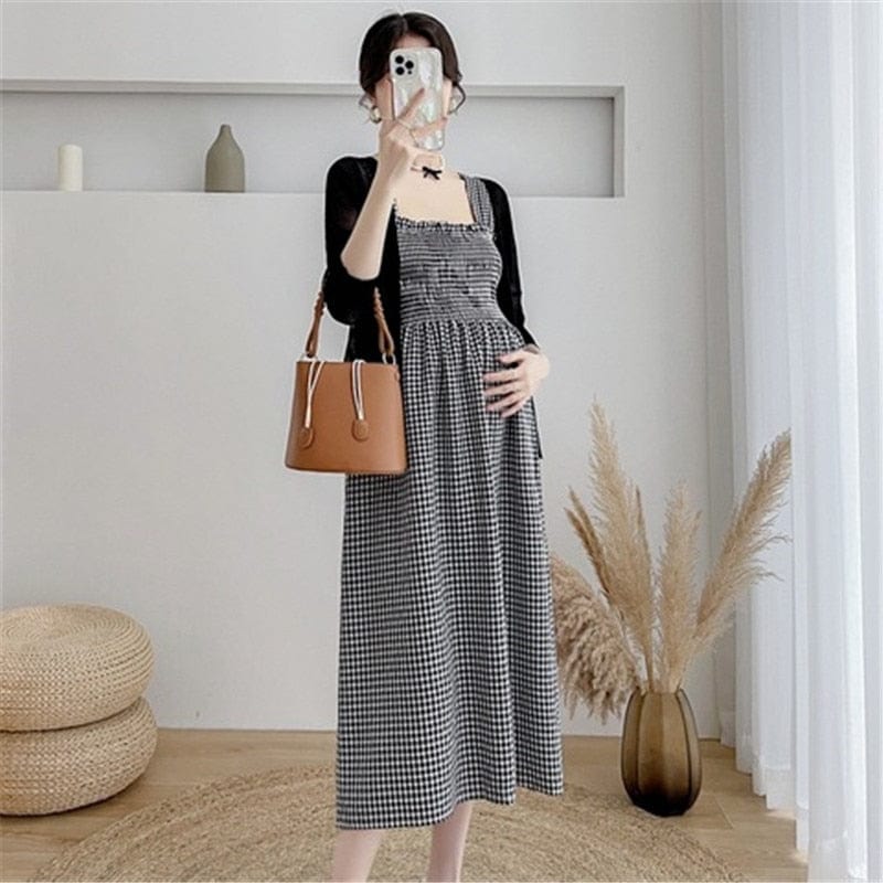 Maternity Dresses for the Summer with Knitted Sunscreen Cardigan Shawl - 2 Pieces