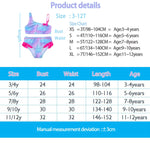 Load image into Gallery viewer, Product details chart for children's swimsuit with size chart and measurements.
