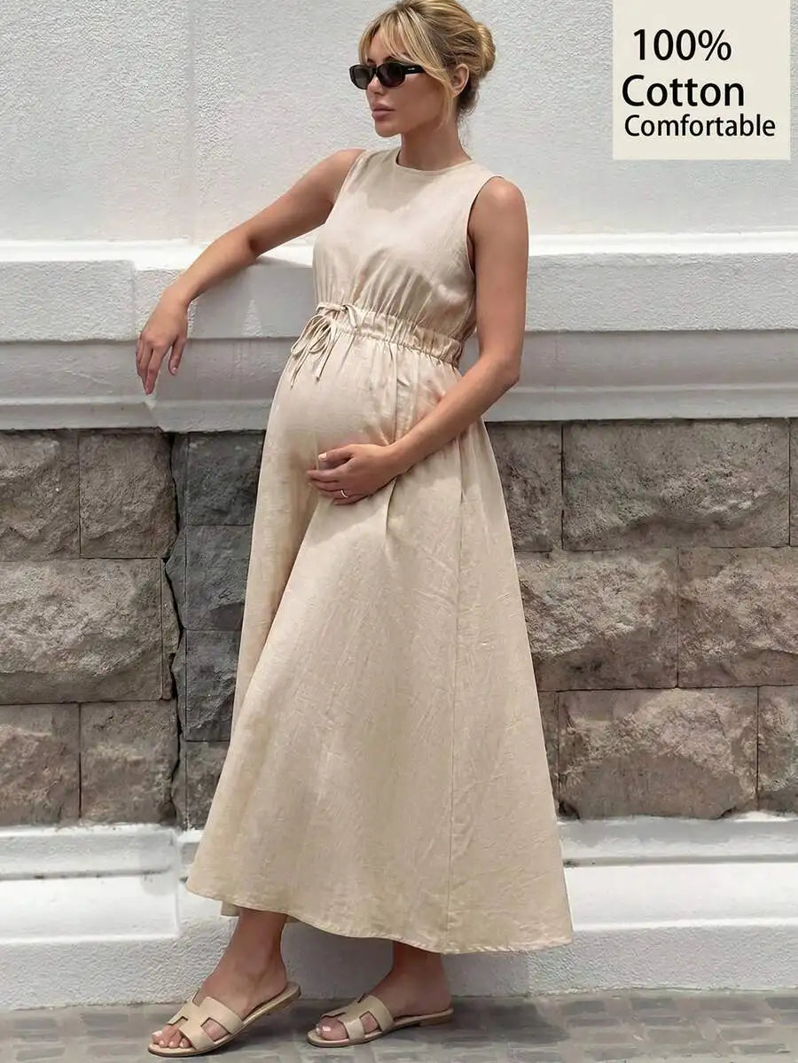 Maternity Sleeveless Elastic Waist Maxi Dress Coffee / XXL / United States