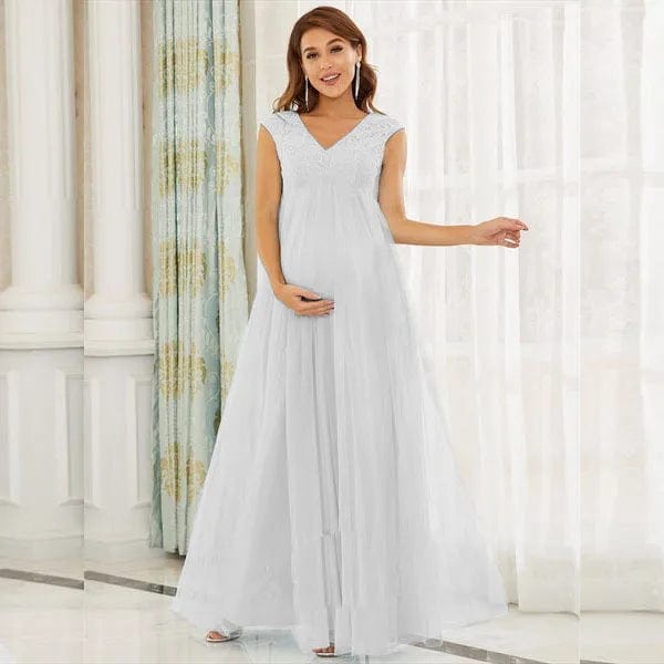 Chiffon Lace Maternity Long Dress with a V-neck