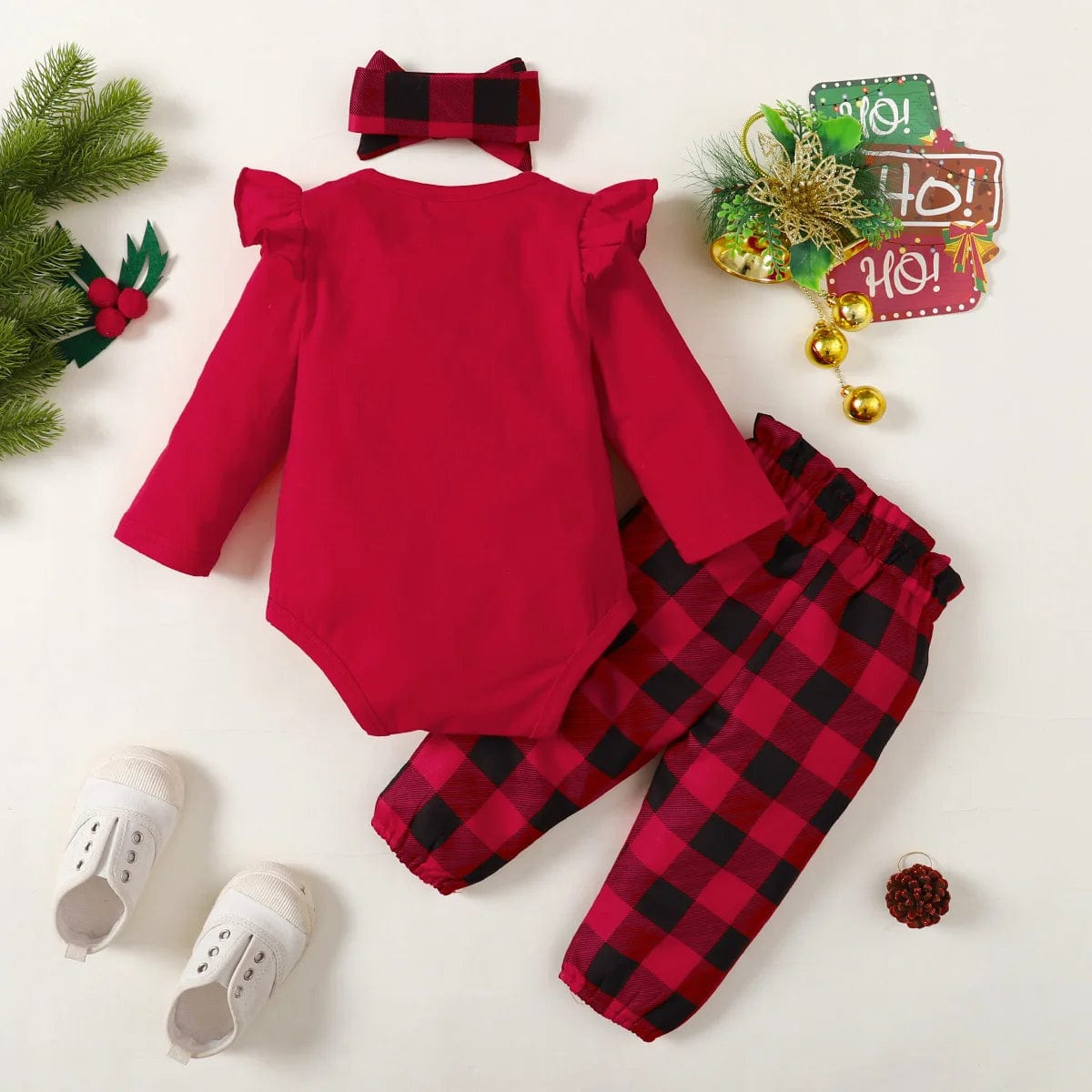 3PC Christmas Set w/Long sleeves - Bodysuit, Bow and Checkered Pants - Baby Girl Holiday Set