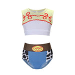 Load image into Gallery viewer, Two-piece swimsuit with a crop top and blue bottom, inspired by a well-known character, on a white background.
