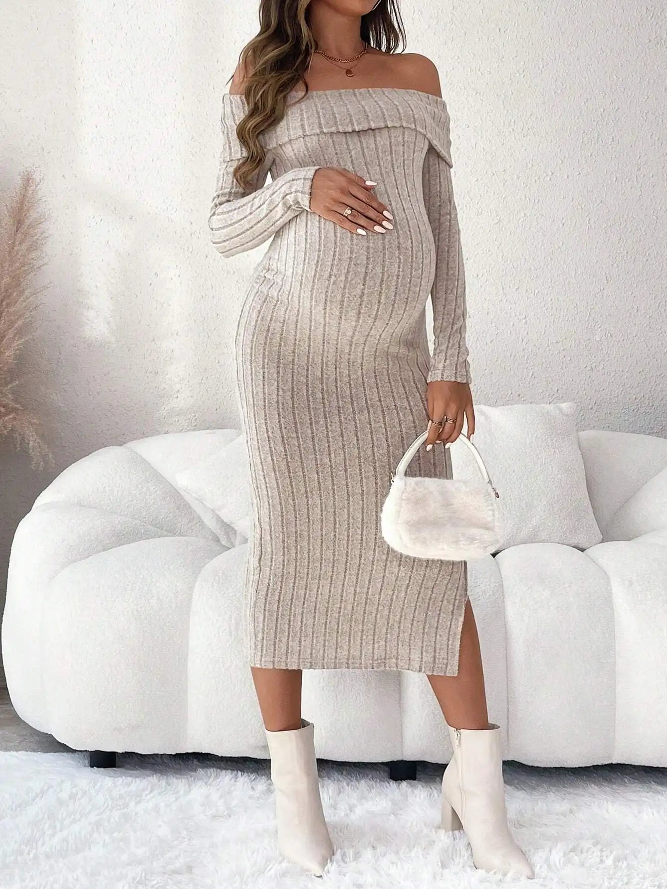 Long Sleeve, Off the shoulder Maternity Knit Sweater Dresses
