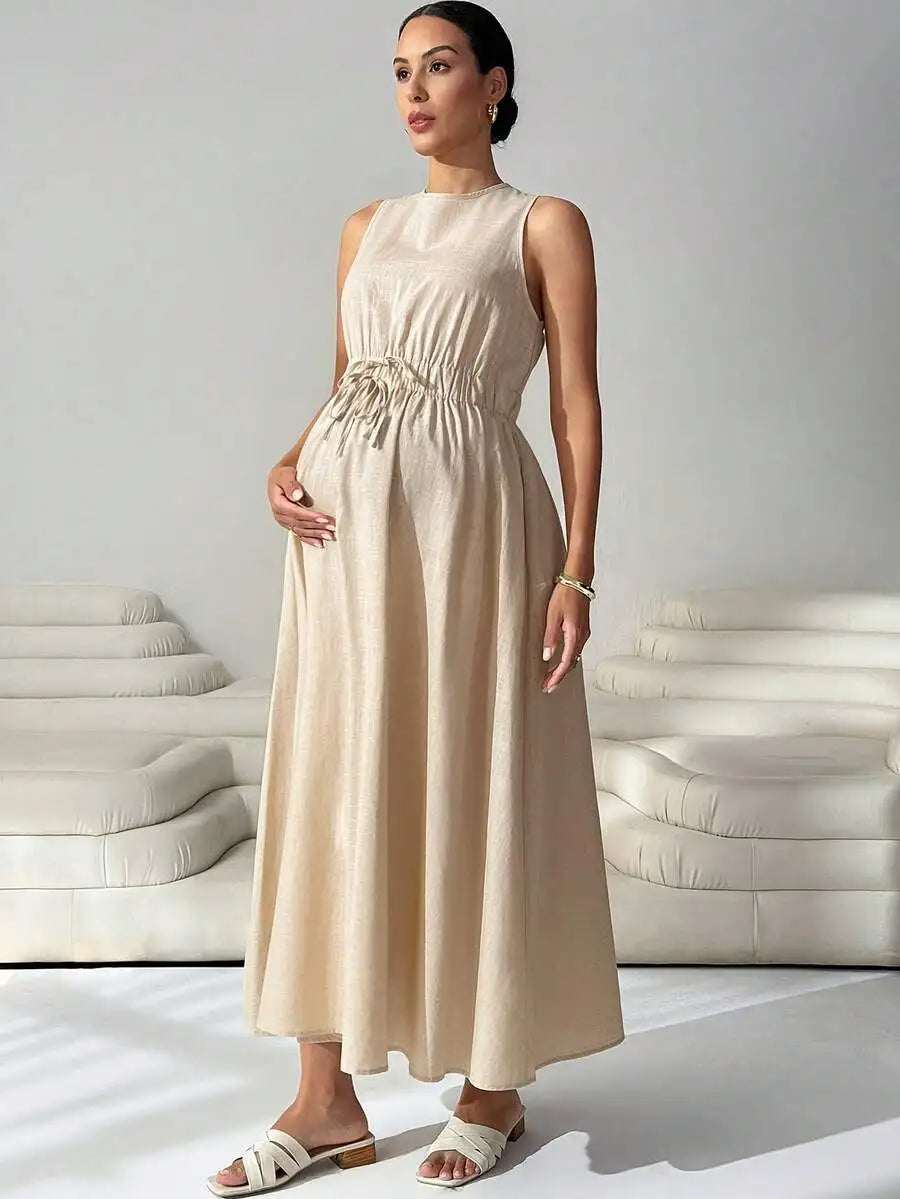 Maternity Sleeveless Elastic Waist Maxi Dress Coffee / XXL / United States