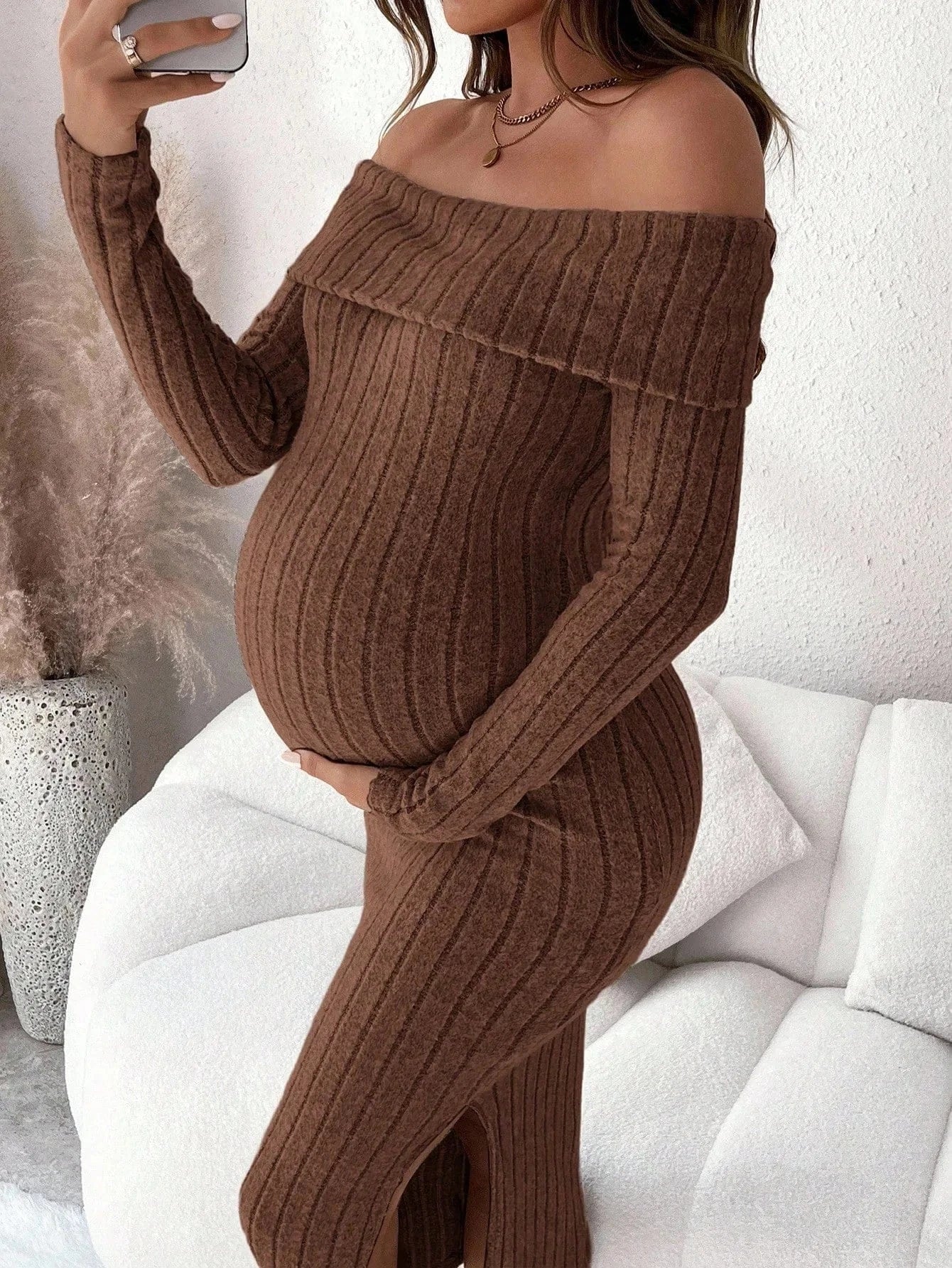 off the shoulder sweater dress maternity Momyknows Green Knit Off Shoulder Flare Sleeve Bodycon Elegant Going Out Maternity Photoshoot Maxi Sweater Dress