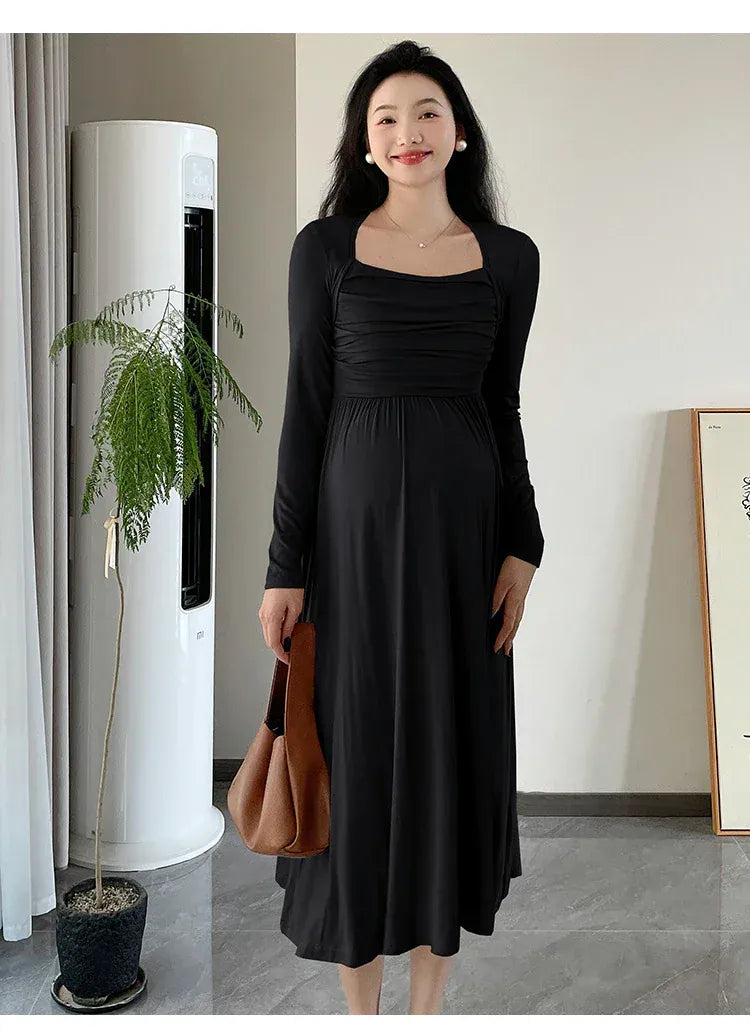 Maternity Dresses with Long Sleeve and a Square Collar - Two Pieces
