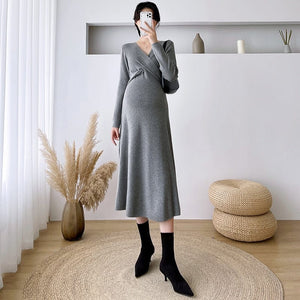 Knitted Maternity Dress with Cross Over V neck - A Line