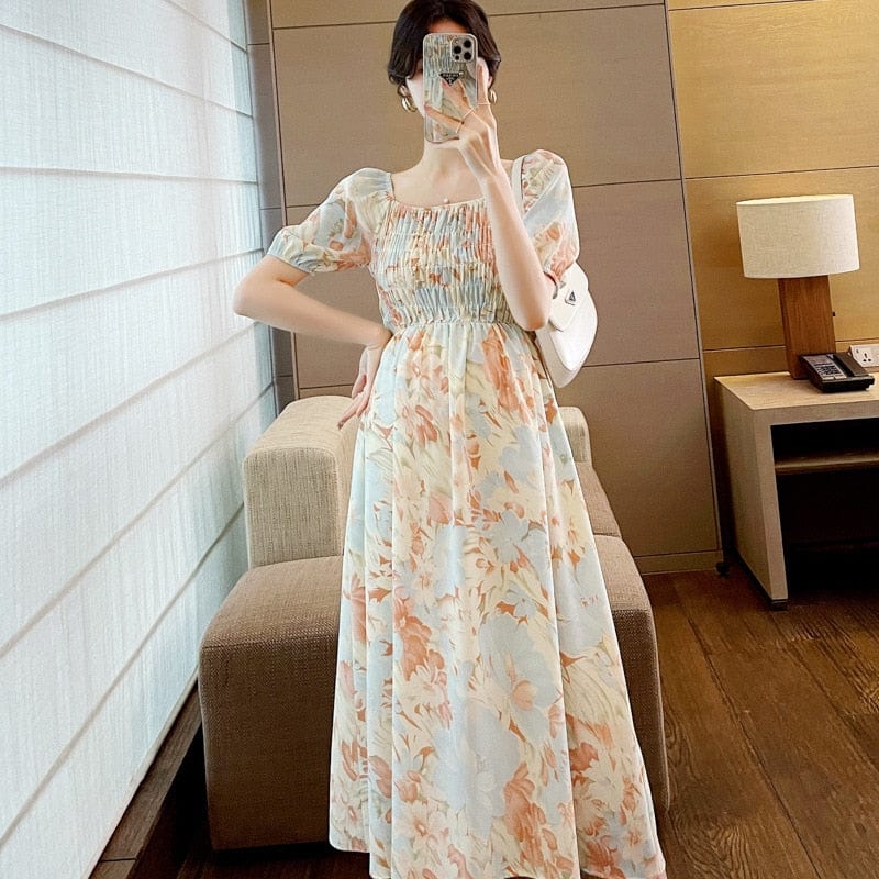 Maternity Floral Summer Dress - Square Collar Elastic - Short Sleeve