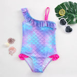 Load image into Gallery viewer, Mermaid scale swimsuit with ruffles on a white background
