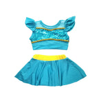Load image into Gallery viewer, Blue sequin top and skirt set with yellow trim on a white background
