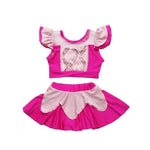 Load image into Gallery viewer, Pink and white children's outfit with a top and skirt on a white background
