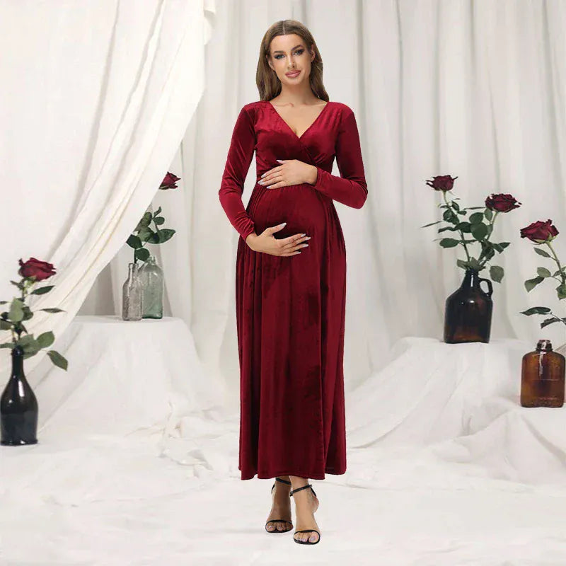 Maternity Velvet Christmas Dress with Long Sleeves and V-Neck