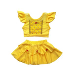 Load image into Gallery viewer, Yellow children's outfit with ruffled top and skirt on a white background
