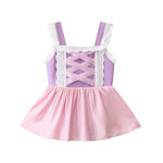 Load image into Gallery viewer, Purple and pink dress with lace details on a white background
