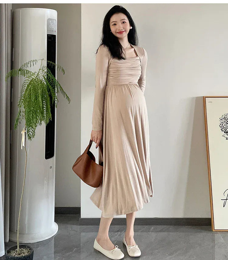 long sleeve maternity dresses for pictures Maternity Plunging Neck Long Sleeve Contrast Mesh Formal Dress Elonnashop