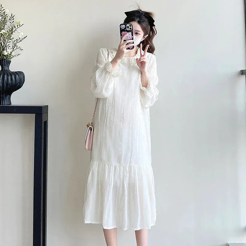 white lace dress with peter pan collar Vintage Lace Collar Long Sleeve Tulle Midi Dress