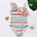 Load image into Gallery viewer, Colorful striped swimsuit with a hood on a white background with decorative elements.
