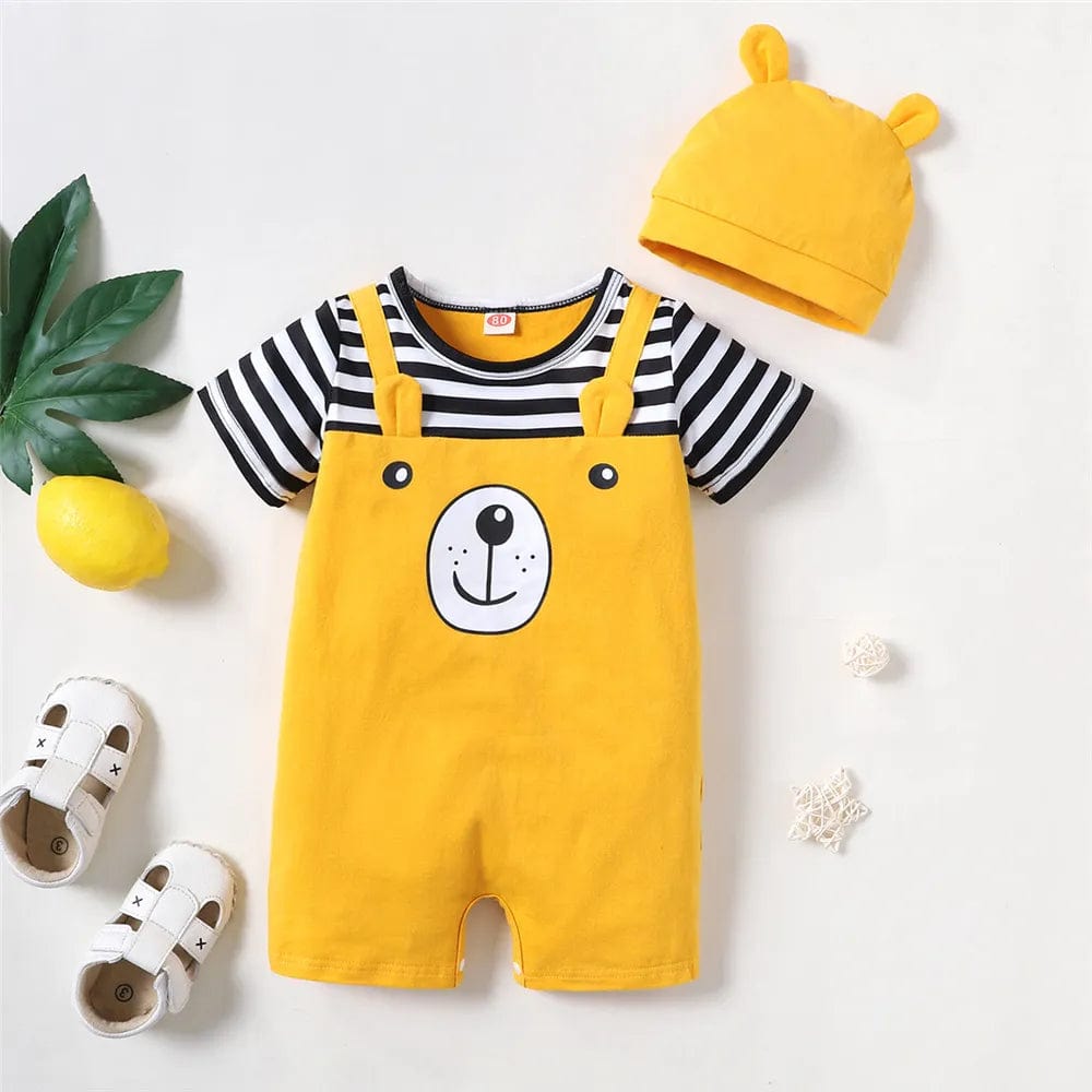 Newborn Baby Boy Bodysuit with Bear Print and Striped Short Sleeve Shirt and Hat