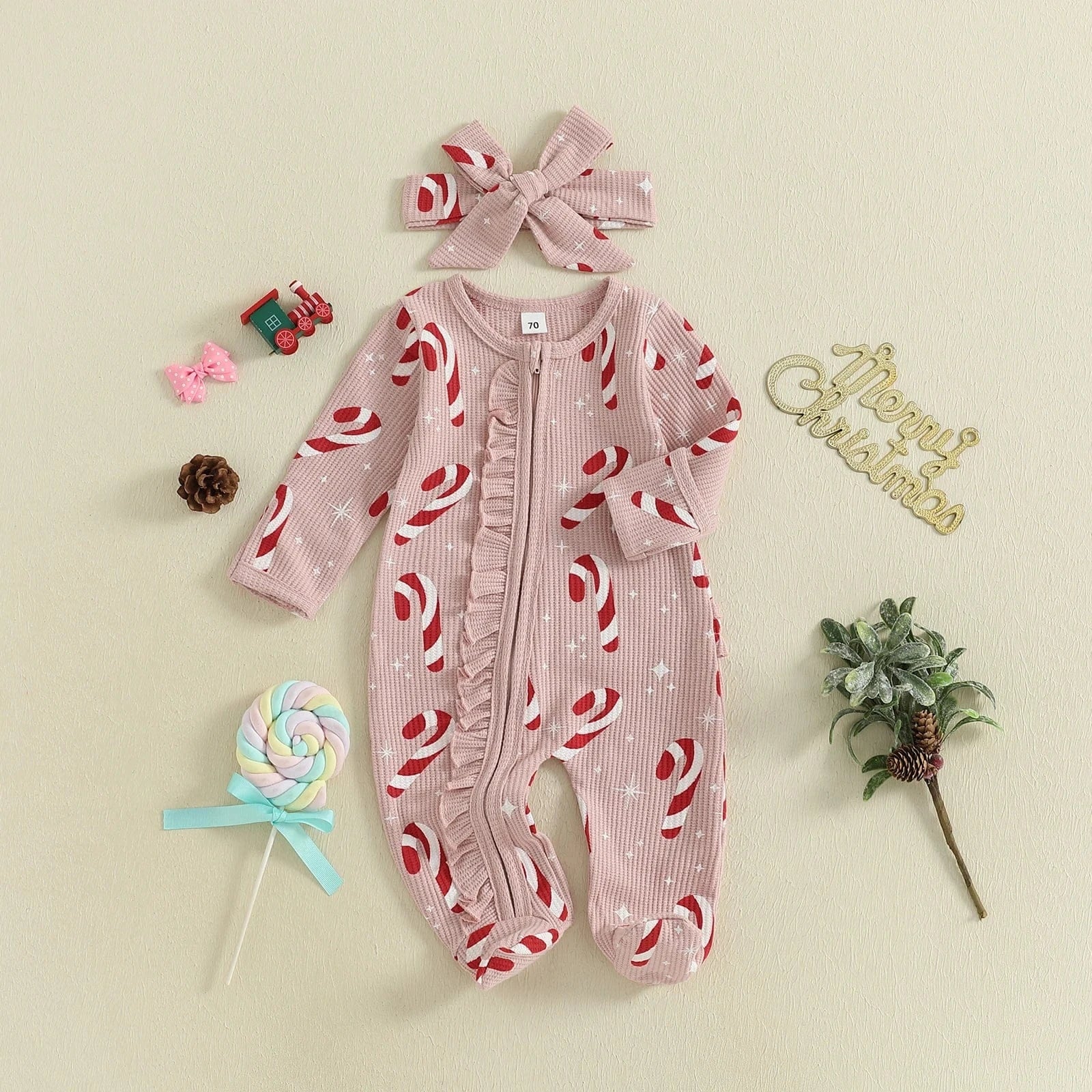 Lovely Baby Girls or Boy Christmas Romper with Long Sleeve either Candy Cane/Gingerbread Print