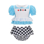 Load image into Gallery viewer, Children's two-piece swimsuit with blue top and checkered bottom on a white background
