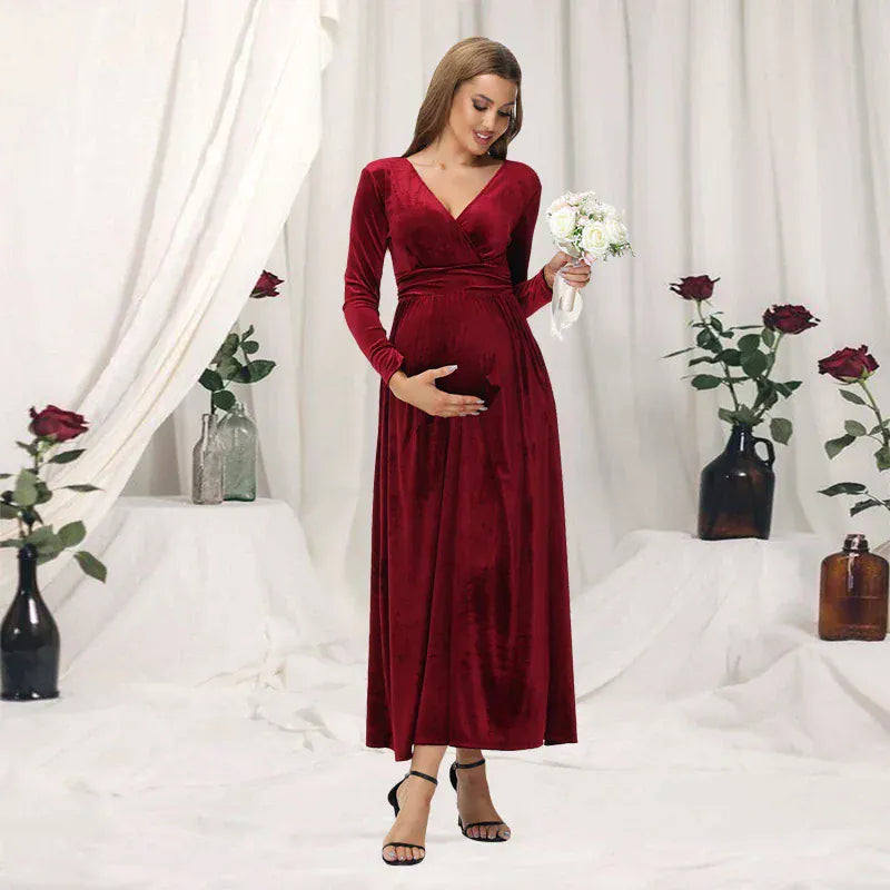 Maternity Velvet Christmas Dress with Long Sleeves and V-Neck