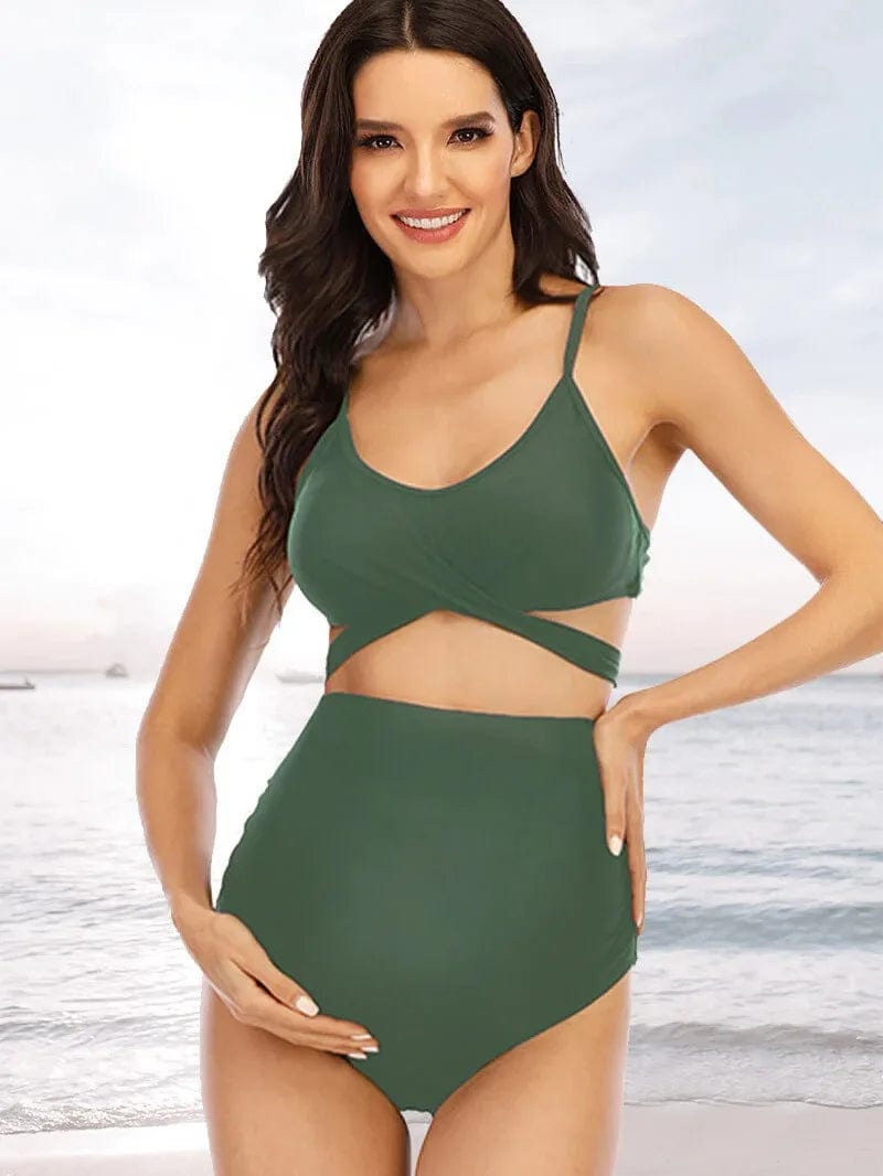 Maternity Bikini Sets with Cross Bandage - High Waist Two Pieces