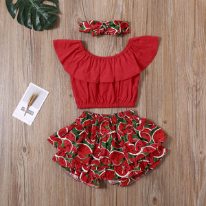 Baby Girl Romper with Watermelon, Sunflower Print with Ruffle Drop Shoulder Strap - 2-Piece Summer Set