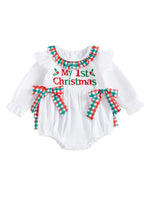 Load image into Gallery viewer, Christmas Romper with Cute Reindeer Print and Bow Detail  - Long Sleeve
