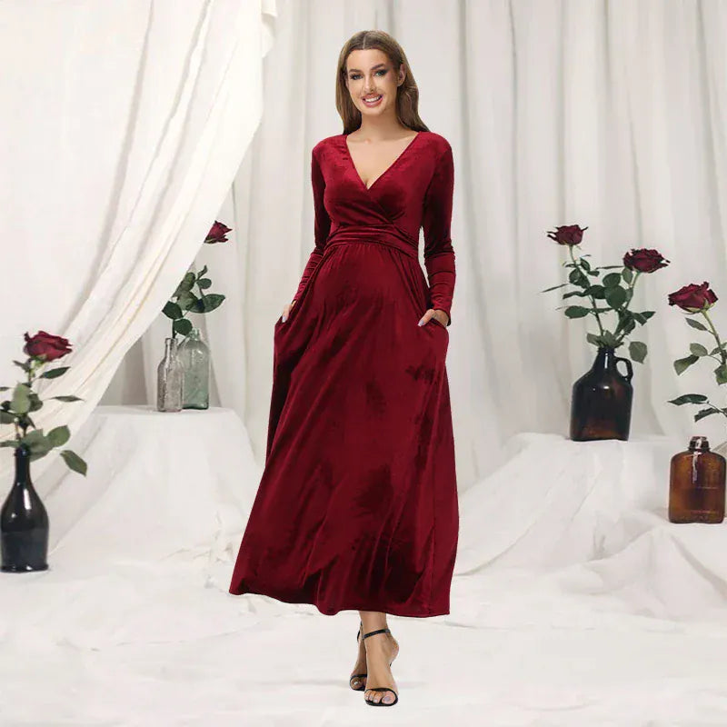 Maternity Velvet Christmas Dress with Long Sleeves and V-Neck