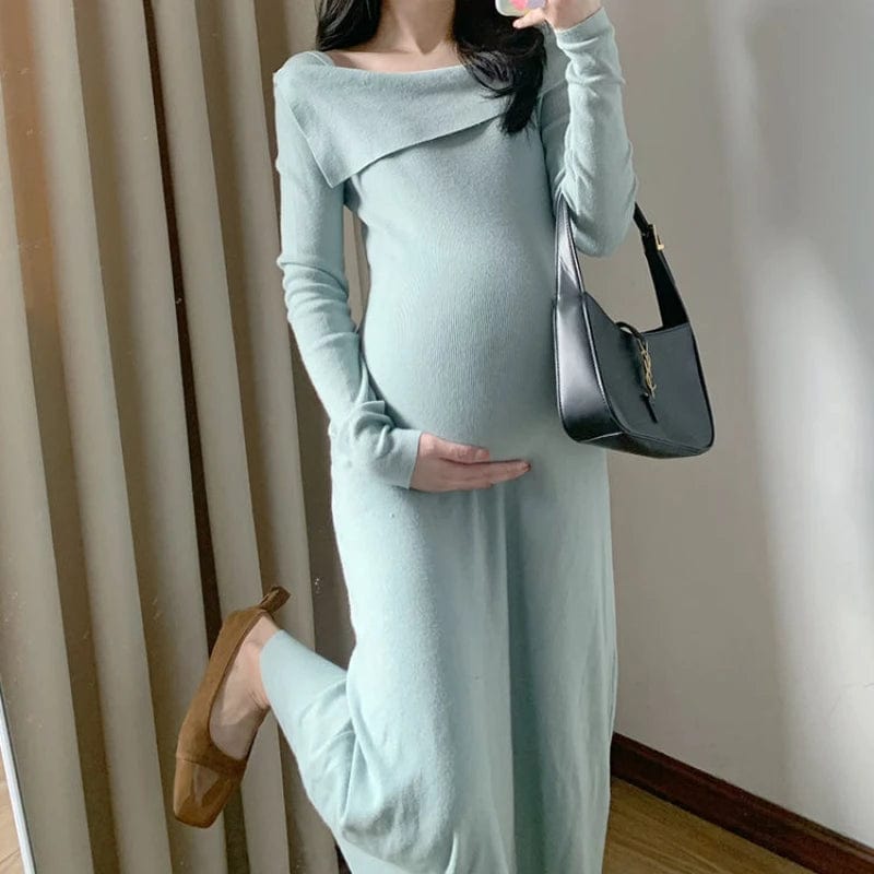 Maternity One-line Collar Knitted Dress