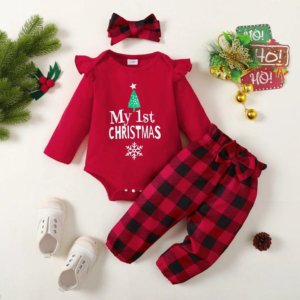 3PC Christmas Set w/Long sleeves - Bodysuit, Bow and Checkered Pants - Baby Girl Holiday Set