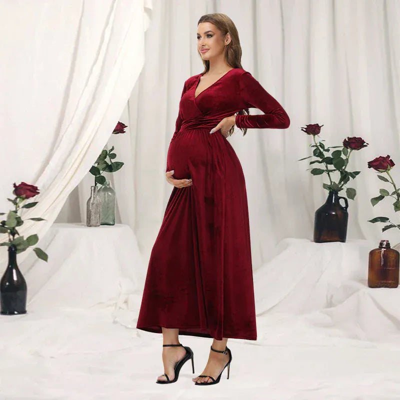 Maternity Velvet Christmas Dress with Long Sleeves and V-Neck