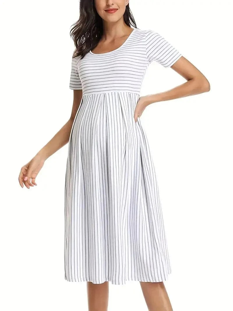 Maternity Short Sleeve Crew Neck, Striped Dress