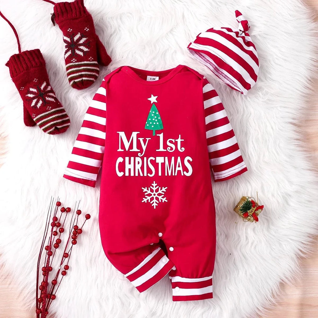0-18 Months - Baby Boys or Girls 1st Christmas Romper With Hat